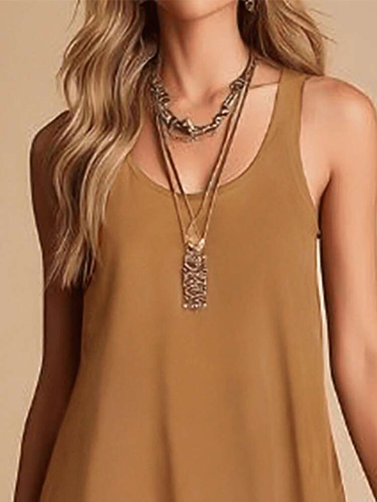 Vestido casual sin mangas para mujer, diseño de camisola con estampado de leopardo vintage patchwork, bajo asimétrico acampanado, adecuado para vacaciones / uso diario / citas, elegante para el verano - Marrón - Añade 6