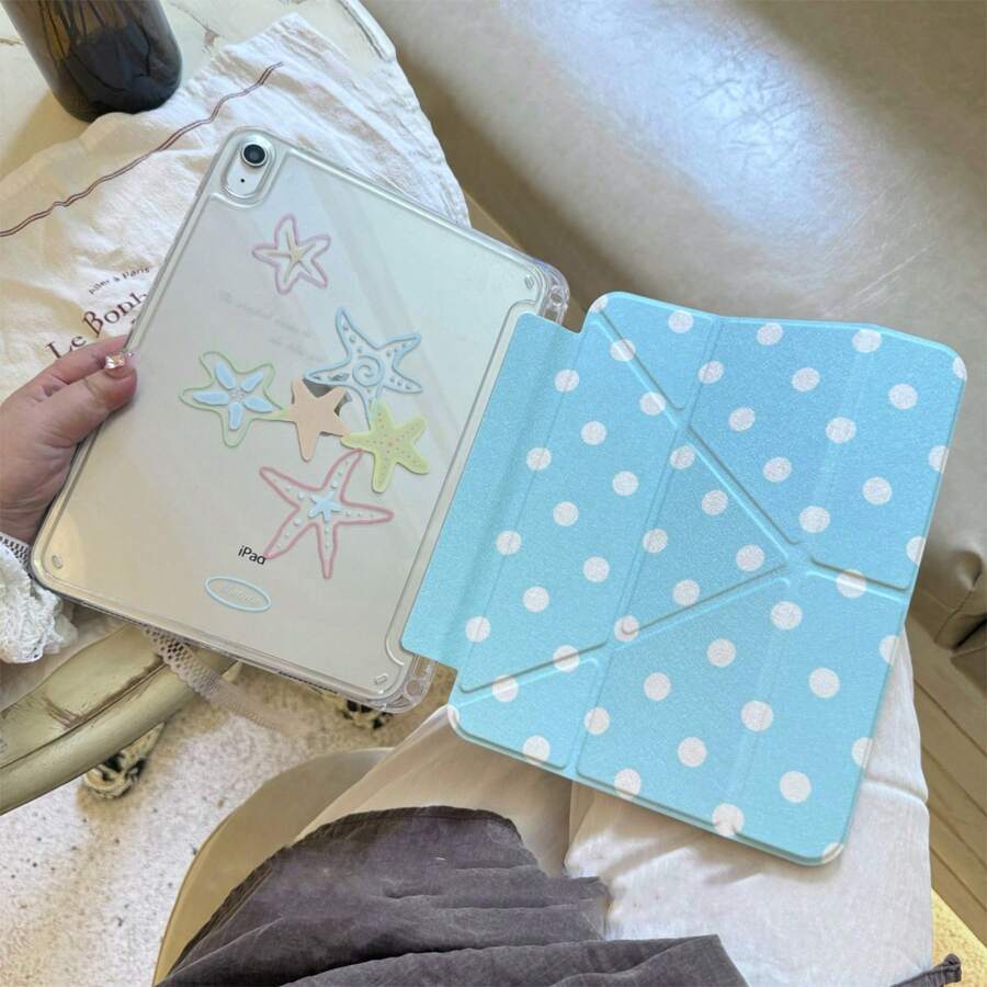 Cute Blue Polka Dot Starfish Minimalist Flat Protective Case Compatible With Apple 11th Gen, Pro 2025 New Model, 10th Gen, Air 7/6 With Pencil Slot, Anti-Bending 11-Inch Tablet Protective Cover For Girls - Blue - View 1