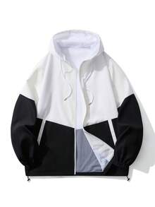 Plus Size Men's Color Block Windbreaker Jacket, Hooded Windproof Casual Sports Coat - Black and White - View 1