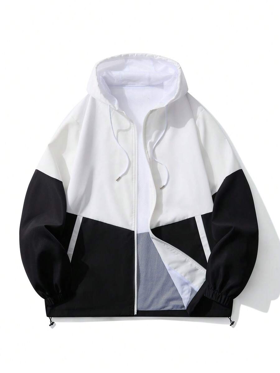 Plus Size Men's Color Block Windbreaker Jacket, Hooded Windproof Casual Sports Coat - Black and White - View 1