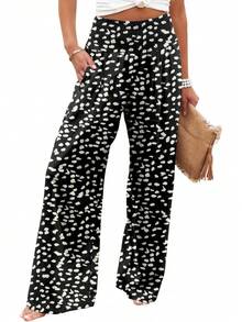 Womens Elastic High Waisted Palazzo Pants Casual Wide Leg Long Lounge Pant Trousers With Pocket - #2 Blackleopard - View 7