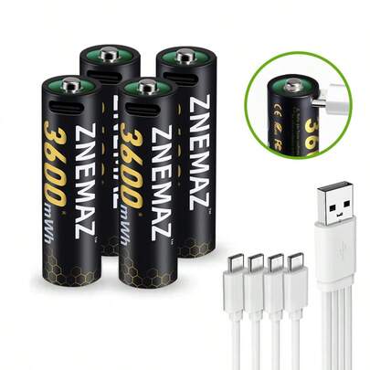  Paquete De 4 Pilas Recargables Aa Znemaz, Interfaz Usb-c,3600 Mwh,1,5 V, Carga Rapida, Bateria De Larga Duracion,Adecuado Para Controles Remotos De Tv, Videojuegos,Relojes,Etc