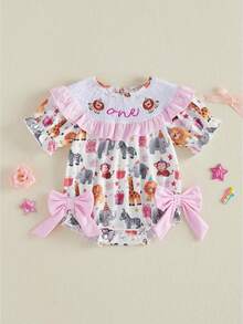 Infant Baby Girl Birthday Romper Letter Embroidery Bow Print Short Sleeve Ruffled Round Neck Bodysuit - Light Grey - View 1