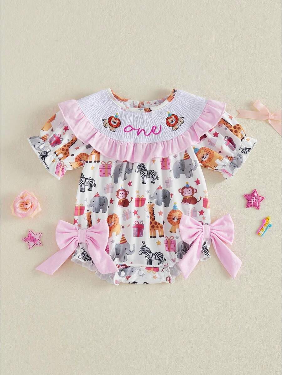 Infant Baby Girl Birthday Romper Letter Embroidery Bow Print Short Sleeve Ruffled Round Neck Bodysuit - Light Grey - View 1