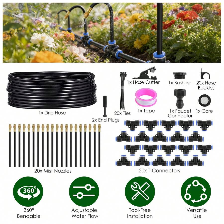360° Bendable Drip Irrigation System With 49FT 5/8" Tubing Hose 5/16" Faucet Connector Automatic Watering Misting Kit For Garden Greenhouse Yard Lawn - Đen - Xem 1