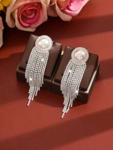 Luxury Bridal Silver Crystal Faux Pearl Tassel Earrings, Long Crystal Pendant Drop Earrings Suitable For Wedding, Bridesmaid, Wedding Guest, Party, Prom - 1697 Earrings - View 6