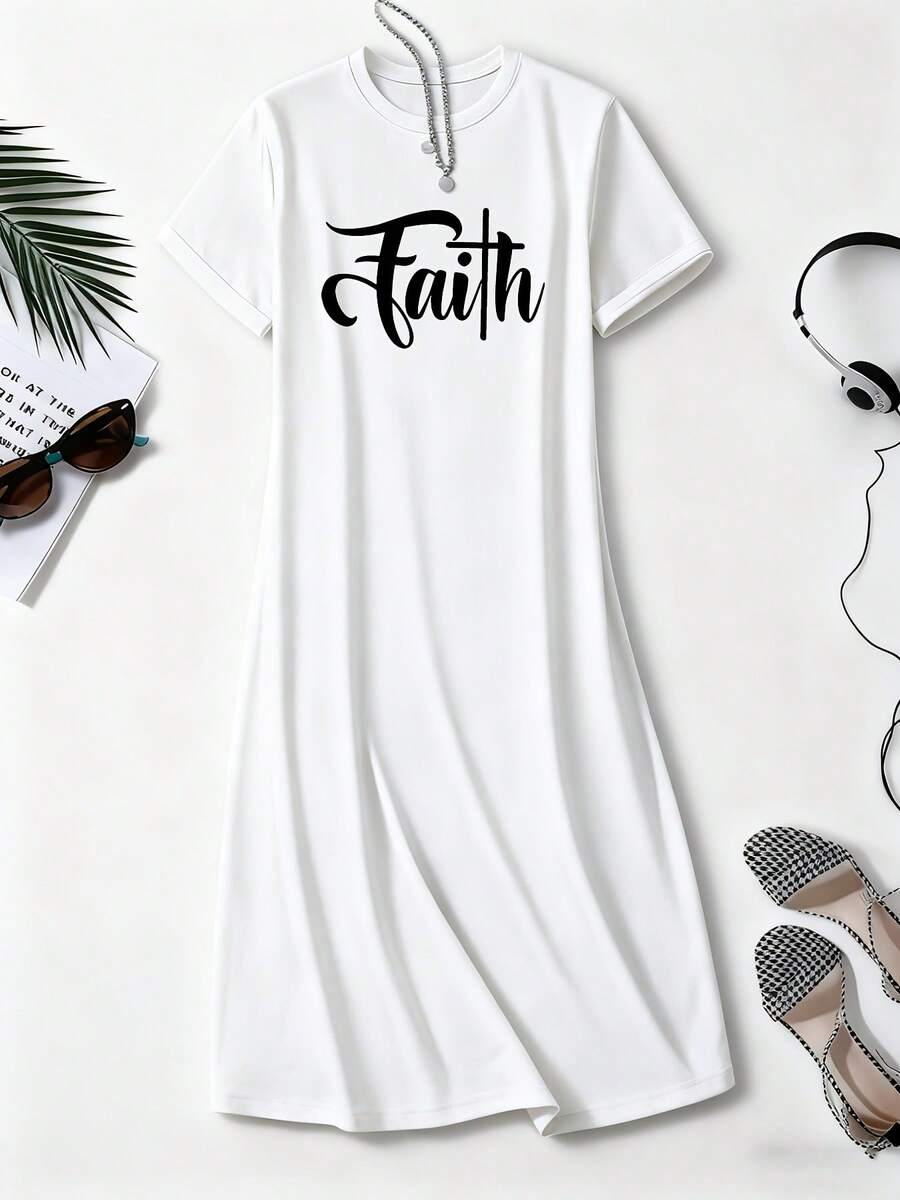 Belief Letter Print A-Line Dress - Soft And Breathable Casual Women's Clothing Spring And Summer, Round Neck Short-Sleeved Long Dress, Gray Gradient Fashion Cursive Design, Washable Fabric - Overseas Heat Transfer Print ZFT3 - 白色 - 查看 1