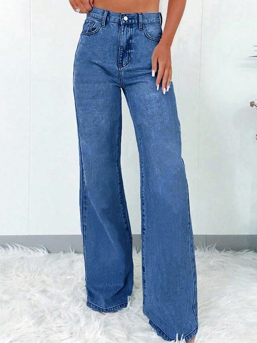 Quần jeans nữ dáng suông, cạp cao, ống rộng, chất liệu denim không co giãn, phong cách đường phố. - Rửa tối - Xem 1