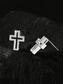 1 Pair Unisex Copper Inlaid Diamond Cross Earrings, Multi-Style Hollow Religious Cross Hypoallergenic Earrings, Punk Street Style Layered Earrings Suitable For Party And Daily Wear - Multicolor - View 17