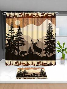1/4 Pcs Waterproof Forest Animal Shower Curtain Set, Thick Polyester Waterproof Anti-Mildew Bathroom Curtain Set With 12 Hooks, Non-Slip Mat, U-Shaped Mat And Round Toilet Lid Cover - Comprehensive Bathroom Set - A - View 4