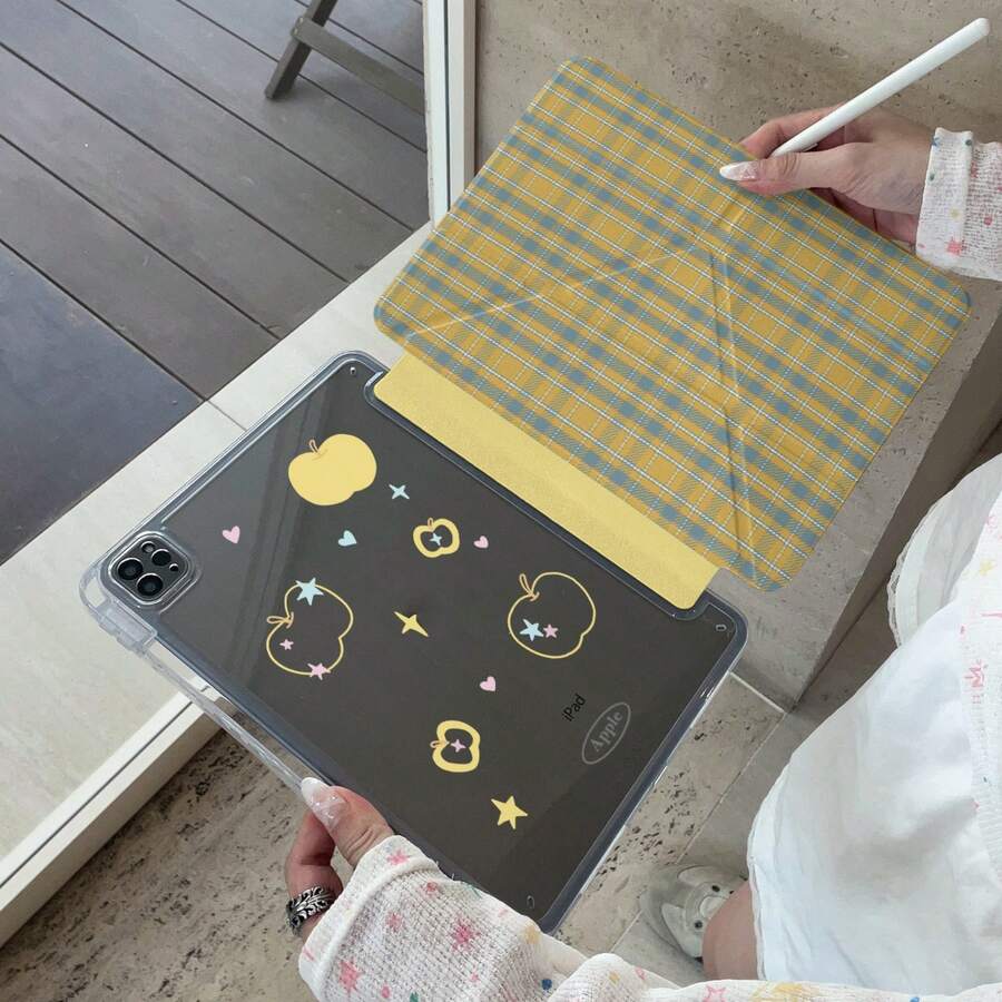 复古创意黄色格子苹果设计可爱平板电脑保护套，兼容苹果第11代、Pro 2025新款、可爱第10代、时尚Air 7/6，带笔槽，防弯折11英寸平板电脑保护套，女孩适用 - 黃色 - 查看 1