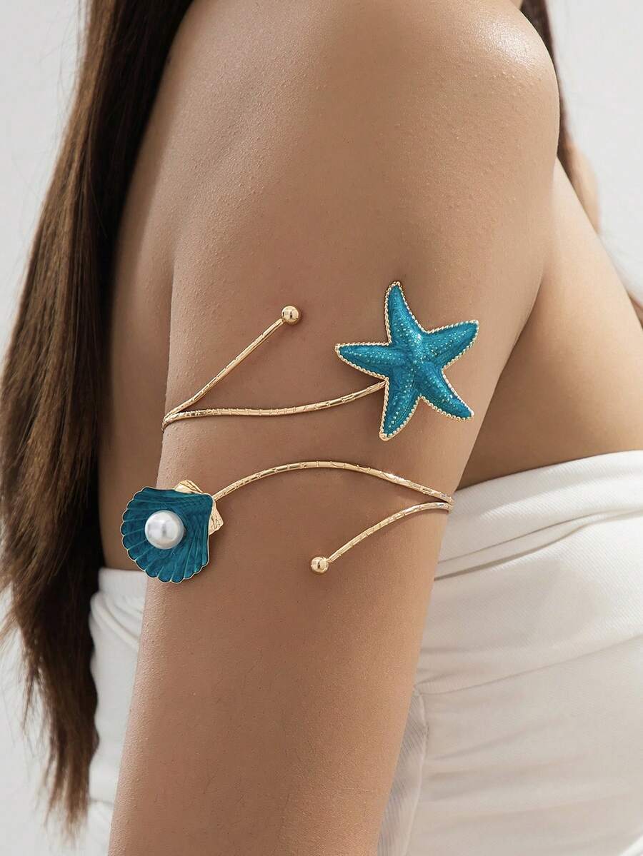 1pc Bohemian Exaggerated Ocean Style Shell & Starfish Arm Cuff, Adjustable Bracelet Suitable For Daily Wear And Beach Vacation - Blue - View 1