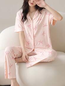 两件套女士睡衣套装，春夏开衫短袖长裤睡衣，亲肤家居服 - 粉色 - 查看 4