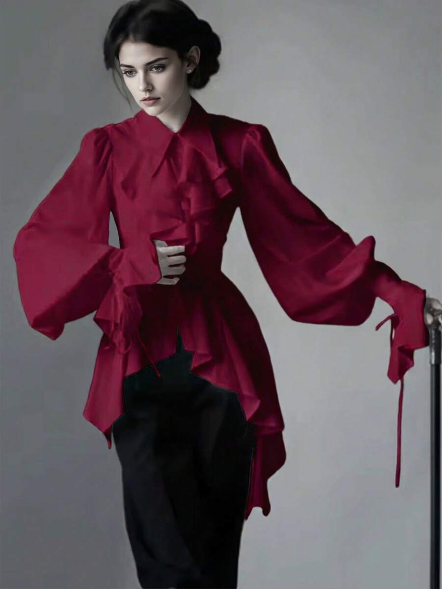 Women's Elegant Lolita Gothic Style Collared Long Sleeve Versatile Blouse, Solid Color Woven Fabric With Ruffle/Frill Trim, Adjustable Back, Spring/Summer Shirt - Red - View 1