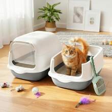 1pc Large Fully Enclosed Cat Litter Box With Removable High Rim And Foldable Cover, Anti-Slip Cat Litter Tray, Christmas Gift - Szary - View 10