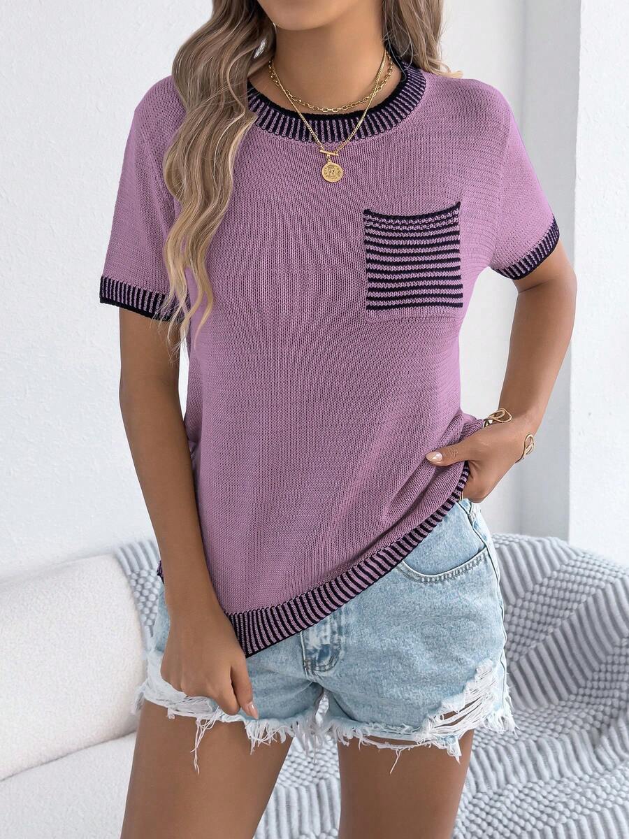Women's Summer Color Block Striped Knit Top Short Sleeve Round Neck Pocket Beach Vacation Pullover - 紫色 - 查看 1