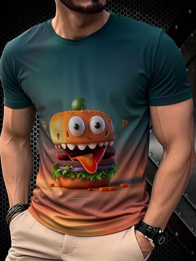 Fashion Men's T-Shirt, Funny Hamburger Monster Graphic - Comfortable & Stylish, Ideal For Casual Wear