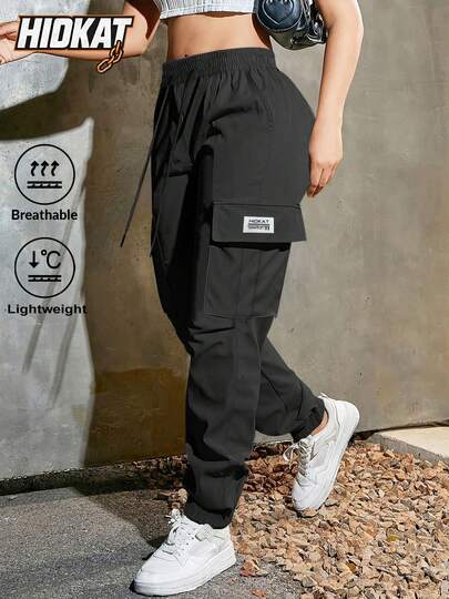 Hidkat Pantalones jogger de mujer de unicolor, livianos y transpirables, con cordón en la cintura y bolsillos grandes, adecuados para uso casual diario, primavera/otoño, color negro