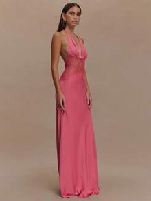 Fashionable Slim Fit Queen Style Banquet Party Street Women's Clothing Deep V Backless Long Skirt Lace Perspective Sexy Slim Fit Dress For Women - 粉紅色 - 查看 1