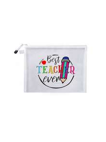 1pc Teacher Inspirational Print Makeup Bag, Unisex Adult Size, White, Polyester Material, Odorless, Mesh Pocket, Letter & Floral Print Zipper Cosmetic Bag For Women, Transparent Mesh Storage Pouch, Portable Foldable Organizer Bag, Minimalist Shopping Bag, Teacher's Day Gift, Teacher Appreciation, Sister Gift, Best Teacher Gift, Birthday Gift, Anniversary Gift, Graduation Gift, Valentine's Day, Ramadan Gift Make Up Organizer Toiletry Bag Skincare Bag Wash Bag Toiletry Travel Bag Vacation Essentials Travel Bags For Women Large Capacity Bag - Multicolor - View 12