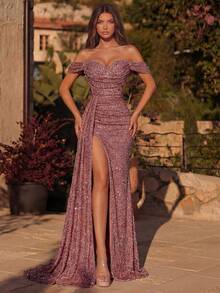 ADYCE Women's Off-Shoulder Ruched High Slit Party Maxi Dress, Suitable For Dancing, Cocktail Parties, With Flowing Ribbon Ties - Dusty Pink - View 5