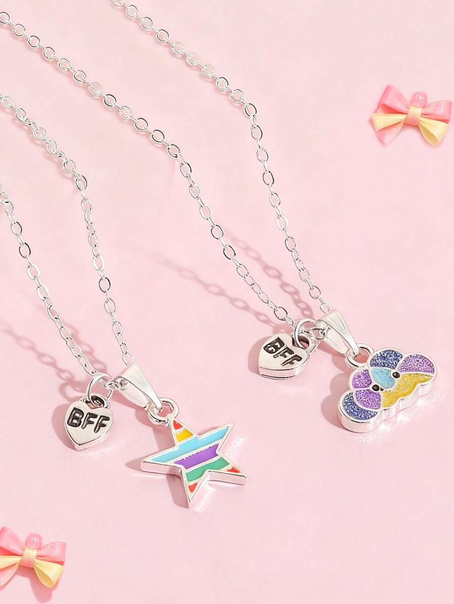 2件套女孩云朵星空锌合金吊坠项链，闺蜜/姐妹情谊项链，姐妹情谊/闺蜜礼物，适合日常佩戴 - 均碼 - 查看 1