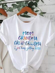 Plus Size ombre MoM GRaNDMa Print T-shirt, Short Sleeve Crew Neck Casual Top For Summer & Spring, Women's Plus Size Clothing - Biały - Zobacz 1