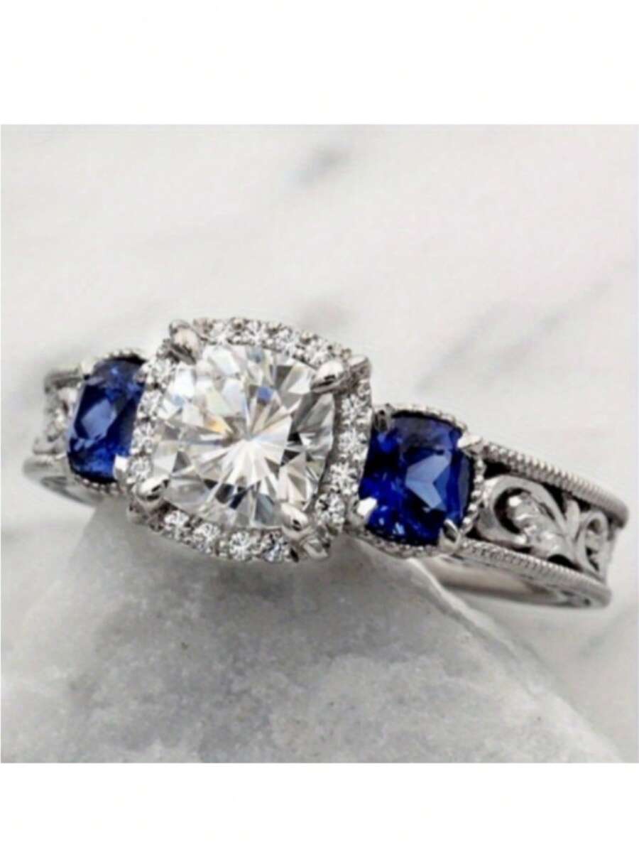 Classic Fashionable Blue & White Cubic Zirconia Ring, Perfect Accessory For Women's Wedding Jewelry And Anniversary Gift - Blue - View 1