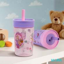 VIORA Set de 2 Termos Infantiles Twin Tumbler, Vasos para Niños de 450 ml (2Pzs), Popote Flexible Antiderrames, Fácil de Limpiar, Ideal para Viajes, Botella de Agua, Apto para Lavaplatos Con sus Personajes Favoritos ( Disney Princesas) - Rosa - Ver 6