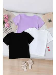 Set de 3 camisetas de niña con estampado de dibujo animado de capibara, de cuello redondo y manga corta para el verano - Multicolor - Ver 2