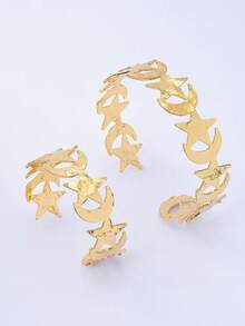 2pcs/Set Fashionable Gold Metal Star & Moon Bracelet & Bangle Set, Suitable For Teenage Girls Daily, Ramadan, Holiday Outfits - Yellow Gold - View 5