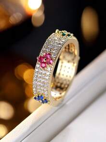 1pc Micro-Inlaid Zirconia Colorful Flower Ring, Versatile Elegant Finger Ring For Women - Ring - View 9