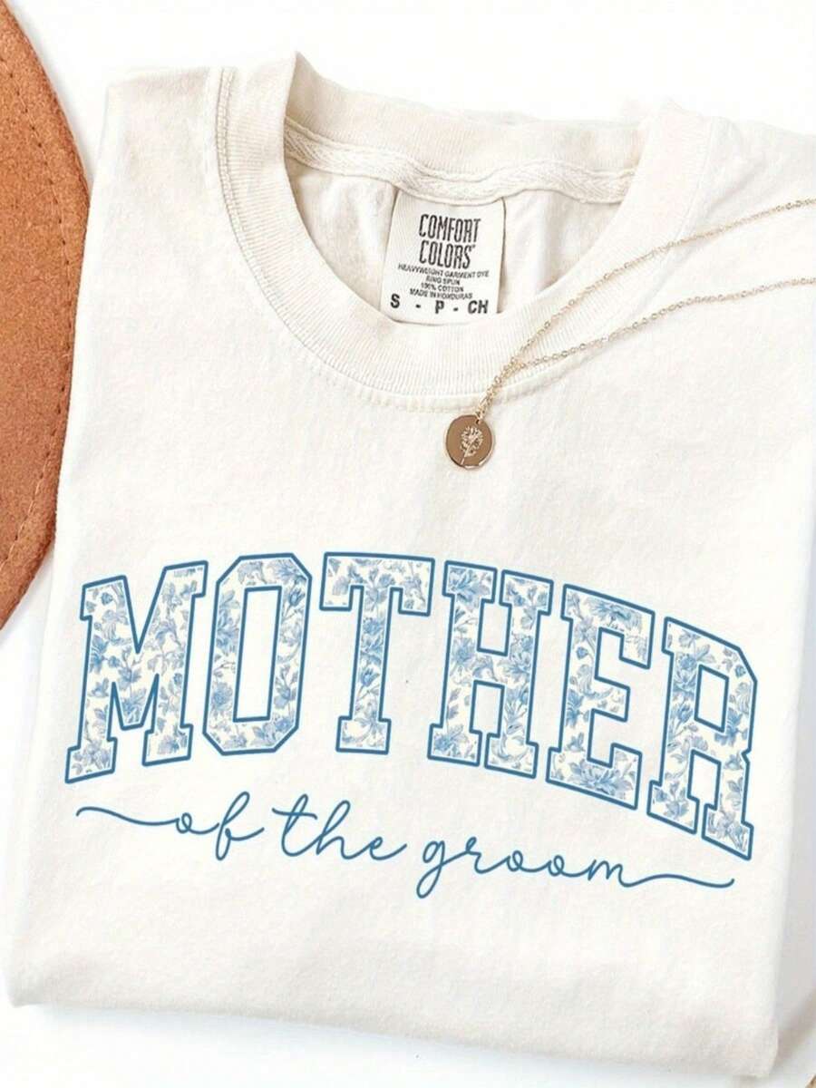 Women's White Mother Of The Groom T-Shirt - Elegant Wedding Party Dress Code, Short Sleeve Round Neck Casual Top With "Mother Of The Groom" Script Lettering, Machine Washable Wedding Guest Outfit For Bridesmaids & Groomsmen Events - 白色 - 查看 1