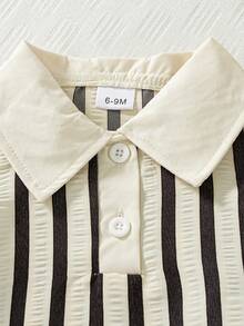 2件套婴幼儿（6个月-3岁）黑白条纹翻领宽松上衣和休闲短裤套装，夏季 - 黑與白 - 查看 3