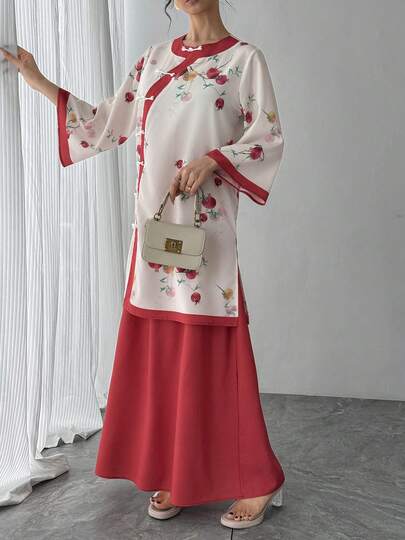 Bộ 2 món kiểu Trung Quốc thanh lịch dành cho nữ, gồm áo cardigan cổ tròn tay loe màu đỏ in họa tiết và chân váy cạp chun đỏ, thích hợp cho các dịp trang trọng, Tết Nguyên đán, Tết Nguyên đán, lễ Eid.