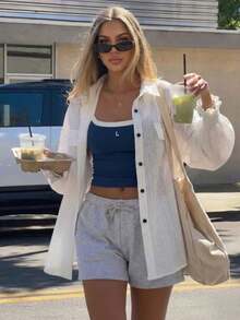 1件女士夏季轻薄透明白色格子长袖休闲衬衫，宽松休闲度假风 - 白色 - 查看 4