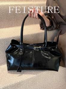 1 Túi xách tay màu trơn chất liệu PU có quai đeo trang trí, Túi đeo vai thời trang có khóa từ, Thích hợp cho việc đi chơi hàng ngày, hẹn hò, đi làm - màu đen - Xem 8