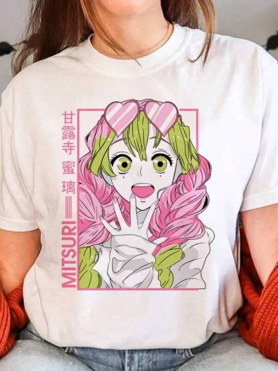 Anemi Mitsuri Print Women Krótkie rękawy Designerskie koszulki Dziewczęce Zabawne Japońskie Ubrania Harajuku Y2k Top Kobiety Ubrania - Biały - Zobacz 1