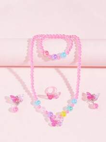 5pcs/Set Children's Butterfly Beaded Jewelry Set Necklace Bracelet Ring Ear Clips Little Girl Princess Costume Accessories - one-size - View 6