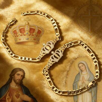 1 Piece Divine Protection Copper Bracelet-Our Lady Of Guadalupe&Saint Jude Portrait With Crown Frame, Shinny Zirconia Inlaid Jewelry