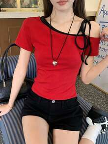 美国性感吊带短袖T恤，夏季系带修身露脐上衣 - 紅色 - 查看 1