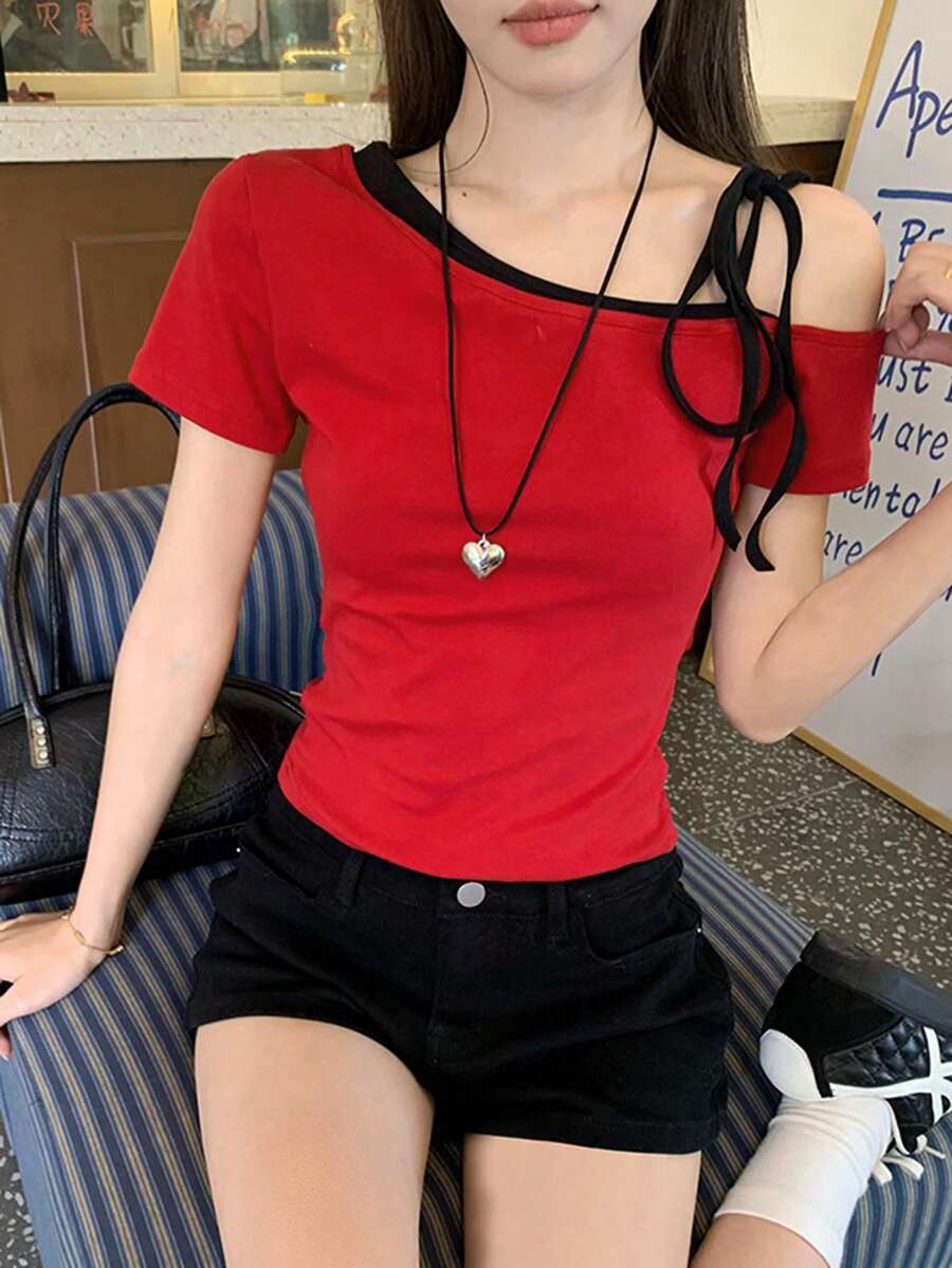 美国性感吊带短袖T恤，夏季系带修身露脐上衣 - 紅色 - 查看 1