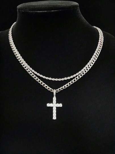 2pcs Set Of Men's Rhinestone-Decorated Cuban Twist Chain Necklace With Cross Pendant, Fashionable And Versatile Accessory For Men And Women, Perfect For Holiday Gifts