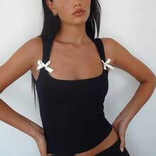 Women Y2k Bow Tank Top Sleeveless Scoop Neck Crop Tops Aesthetic Bow Cami Shirts Preppy Clothes Summer Going Out - 黑色 - 查看 3