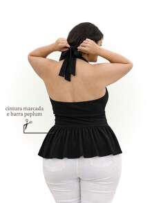 Plus Size Ribbed Peplum Halter Top - Comfortable And Stylish Summer Blouse - Fits Sizes GG To G2 - Negro - Ver 4