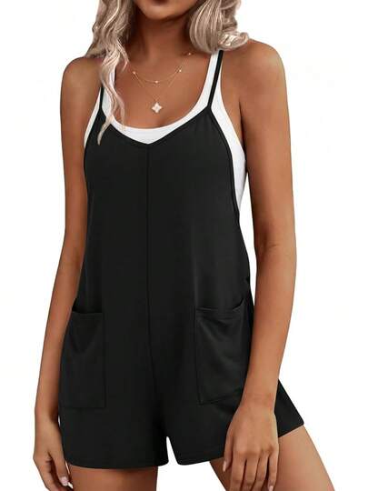 Rompers For Women Summer Casual Sleeveless Short Overalls Boho Spaghetti Strap Shorts Jumpsuit With Pockets