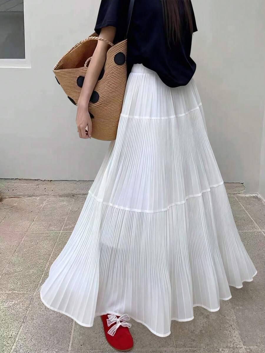 EARO Flowy White Pleated Skirt, Women's Fashion Long Fabric A-Line Skirt, Chiffon Draping Elegant & Versatile - White - View 1