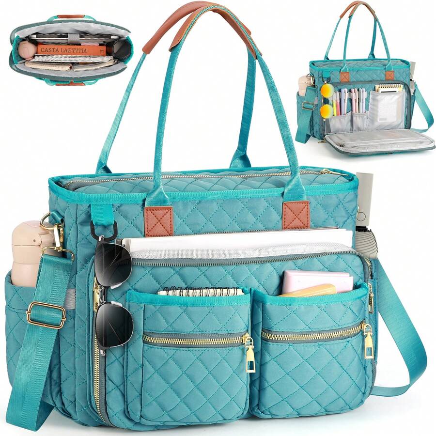 Large Teacher Tote Bag Laptop Bag For Women Work Bag Laptop Tote Nurse Bag Professional Computer Messenger Bag With Insulated Pocket, Laptop Briefcase For Office, College, Nursing - 綠色 - 查看 1