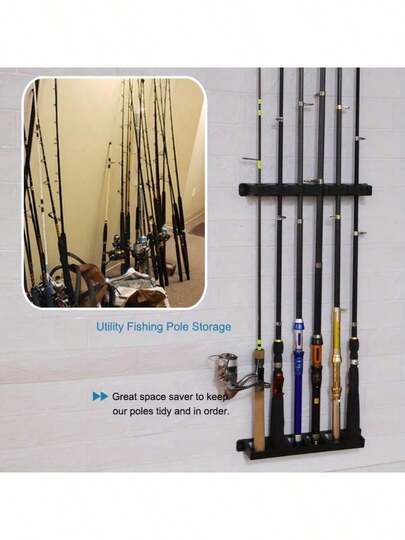 1pc Easy-Install Black Fishing Rod Wall Mount Rack, High-Density Foam Handle Storage Box, Sturdy And Durable, Holds Up To 6 Rods, Suitable For Outdoor, Home, Garage, Multi-Slot Design For Convenient Storage And Space Saving, Fits Various Fishing Rods, Rod Holder, Enhances The Aesthetics Of The Fishing Area.