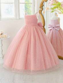 Tween Girls' Long Sequin & Mesh Bowknot Elegant Birthday Party Formal Dress, Excluding Headband - Dusty Pink - View 6